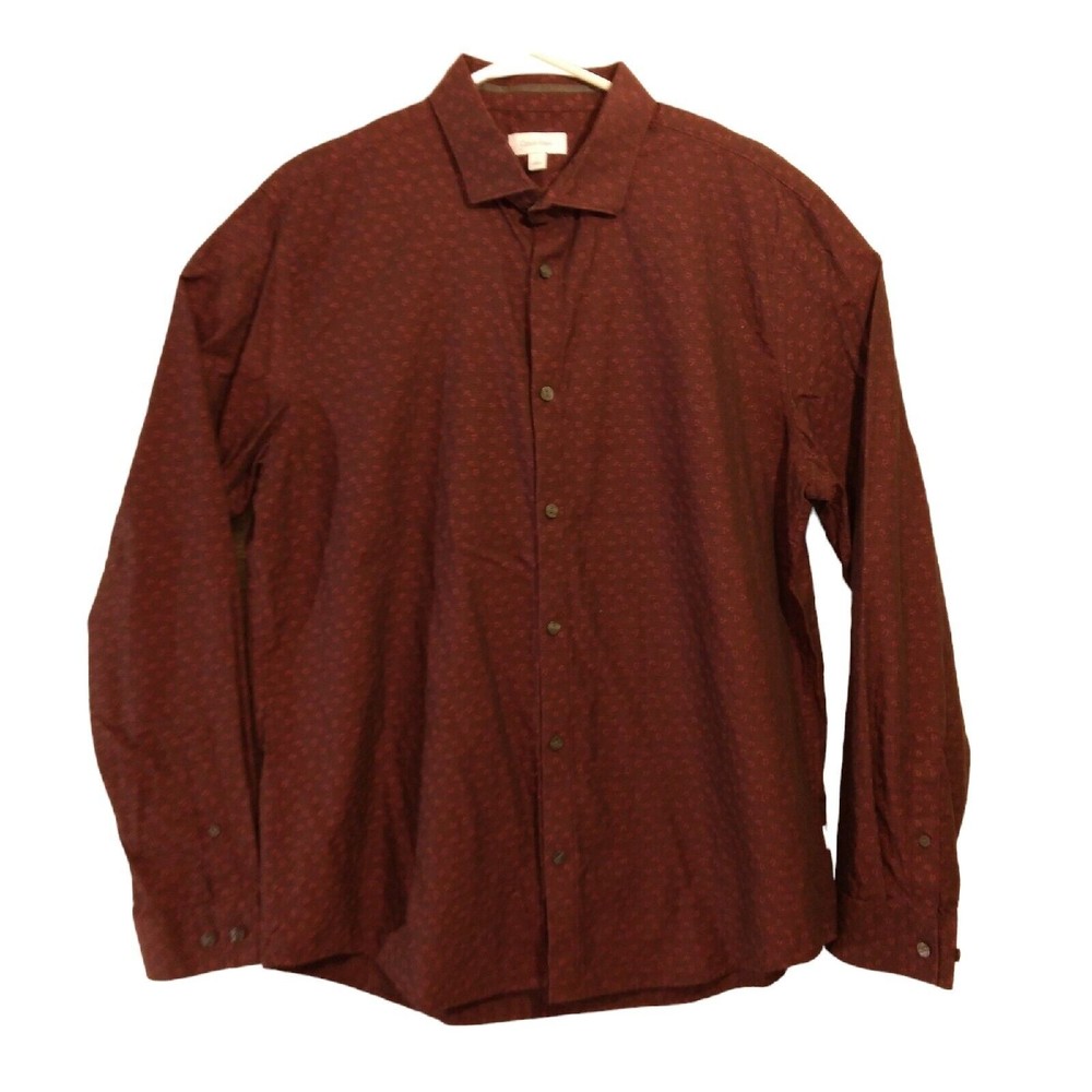 Calvin Klein floral shirt mens L large utton red maroon black long sleeve collar